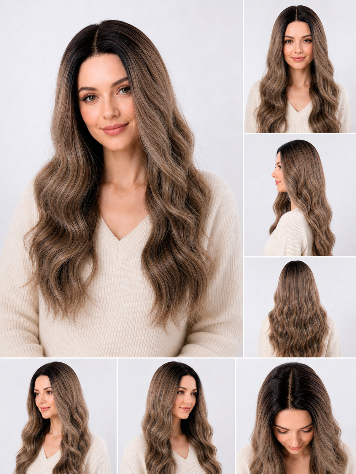 Stella | 24 Inch Black-Brown Grey Balayage Body Wave Wig | L-Part Lace Front Synthetic Wig
