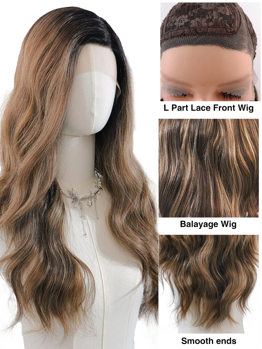 Stella | 24 Inch Black-Brown Grey Balayage Body Wave Wig | L-Part Lace Front Synthetic Wig