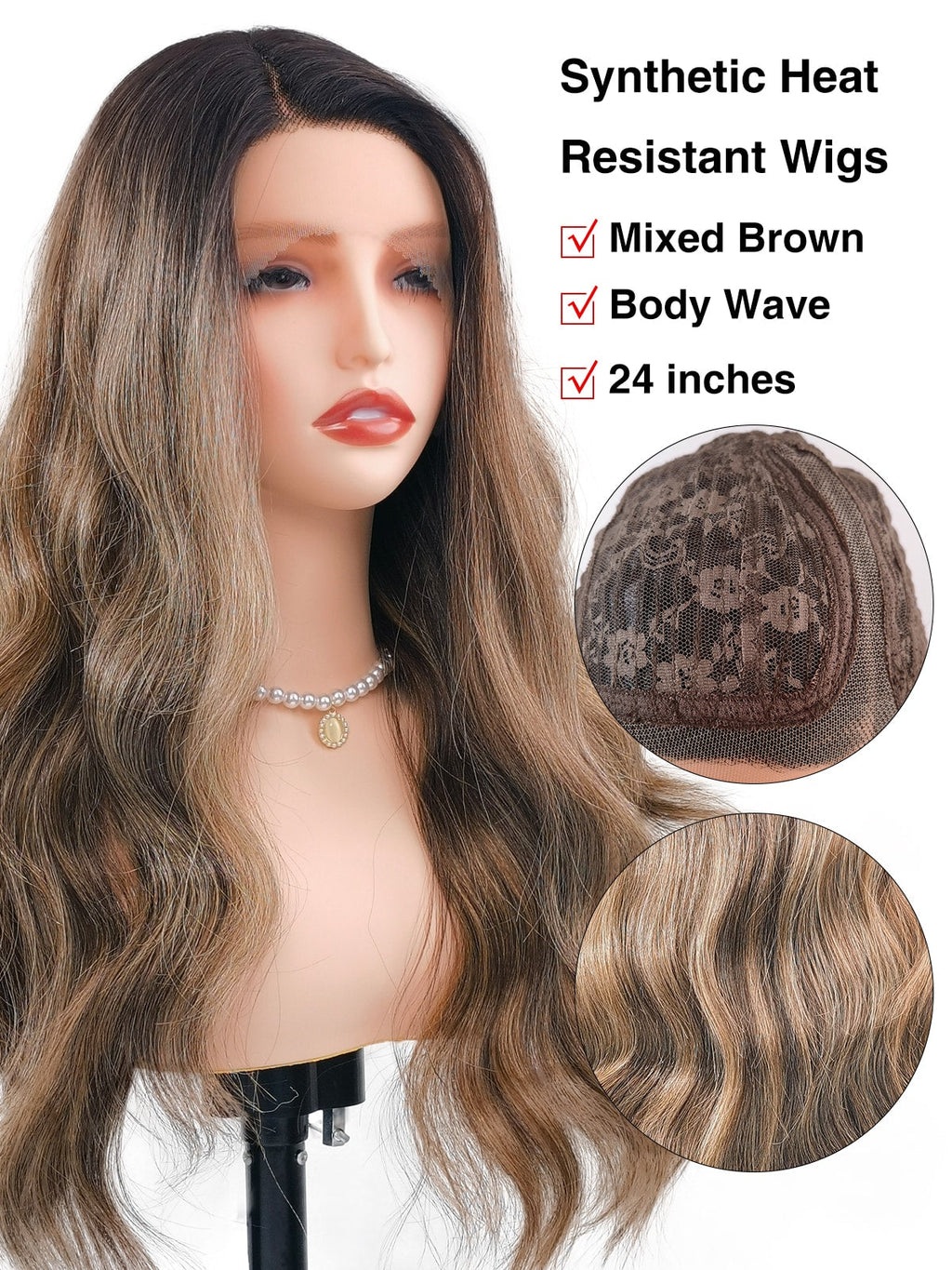 Stella | 24 Inch Black-Brown Grey Balayage Body Wave Wig | L-Part Lace Front Synthetic Wig