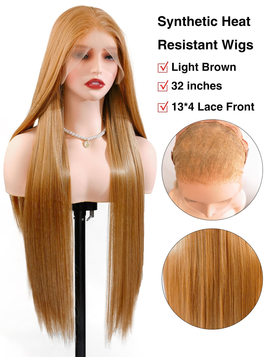 Mia | 32 Inch Extra Long Light Brown Straight Wig | Lace Front Synthetic Wig