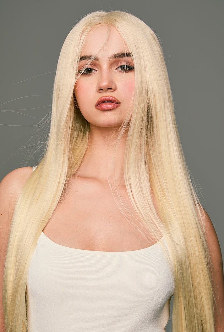 Leah | 32 Inch Extra Long Platinum Blonde Straight Wig | Lace Front Synthetic Wig