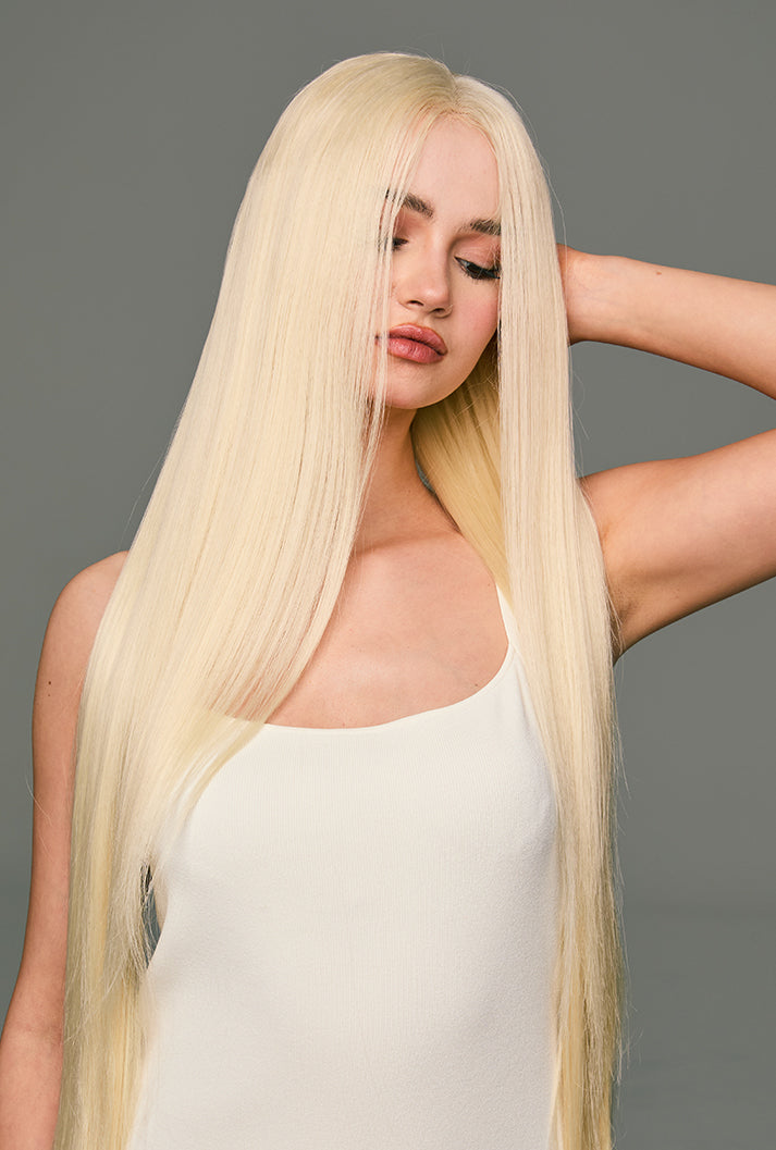 Leah | 32 Inch Extra Long Platinum Blonde Straight Wig | Lace Front Synthetic Wig