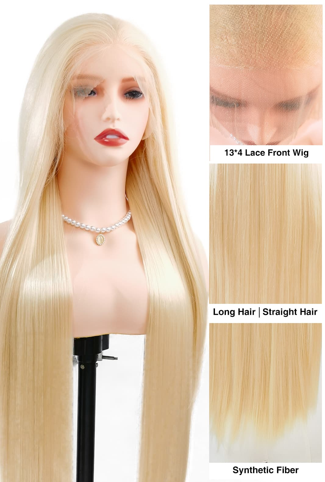 Leah | 32 Inch Extra Long Platinum Blonde Straight Wig | Lace Front Synthetic Wig
