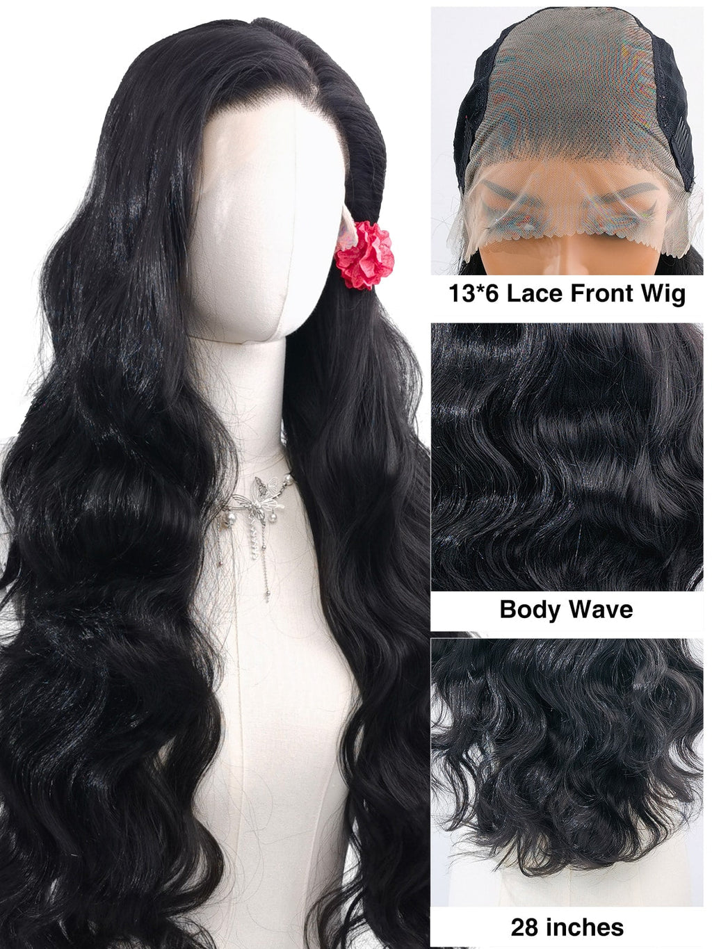 Long Natural Black Body Wave Lace Front Wig - 28 Inch