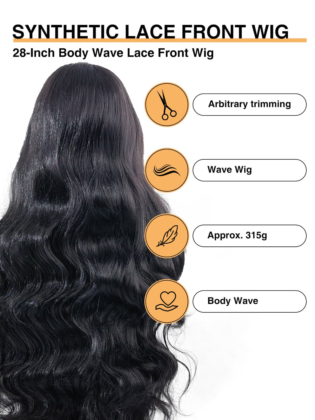 Long Natural Black Body Wave Lace Front Wig - 28 Inch