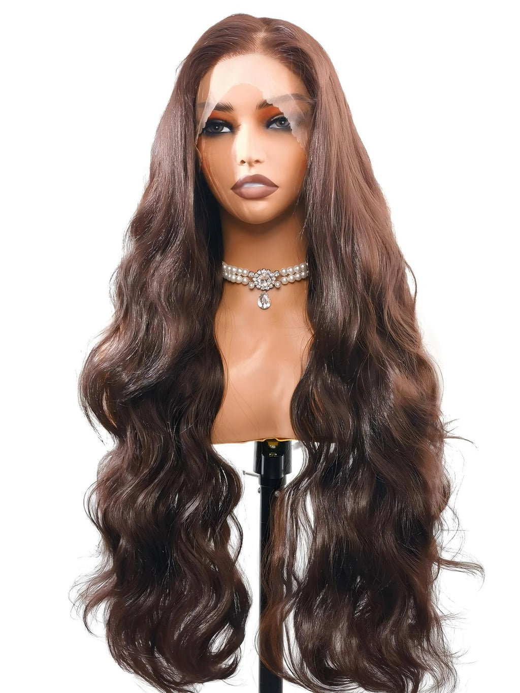 Susan | 28 Inch Long Brown Body Wave Lace Front Synthetic Wig