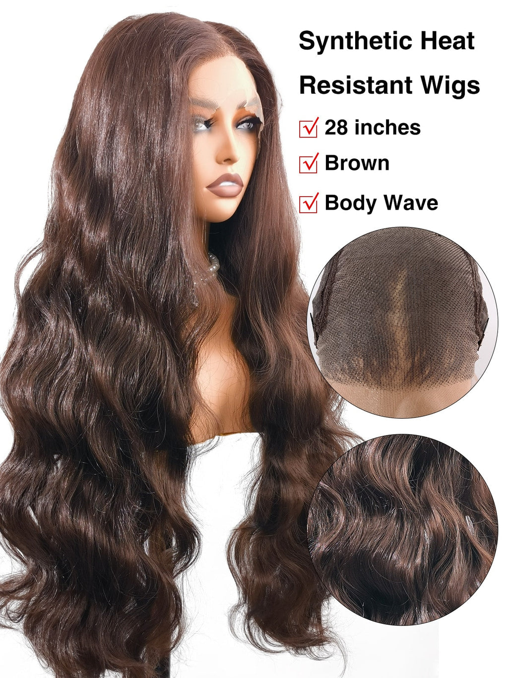 Susan | 28 Inch Long Brown Body Wave Lace Front Synthetic Wig