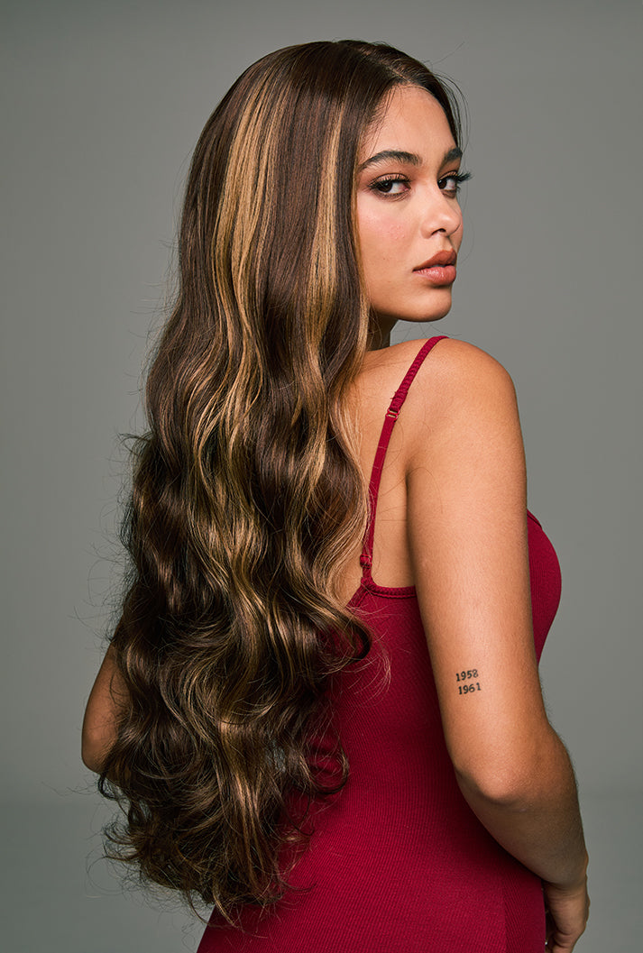 Willow | 28 Inch Long Highlighted Brown Body Wave Lace Front Synthetic Wig