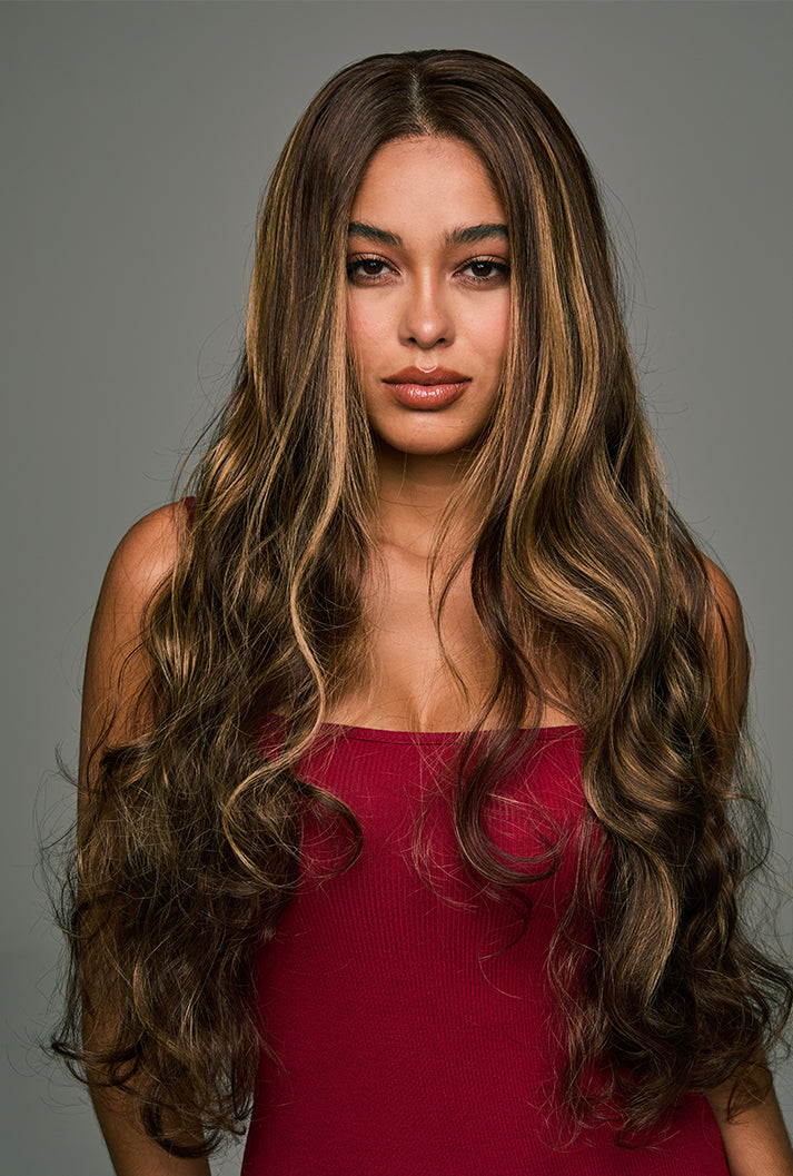 Willow | 28 Inch Long Highlighted Brown Body Wave Lace Front Synthetic Wig