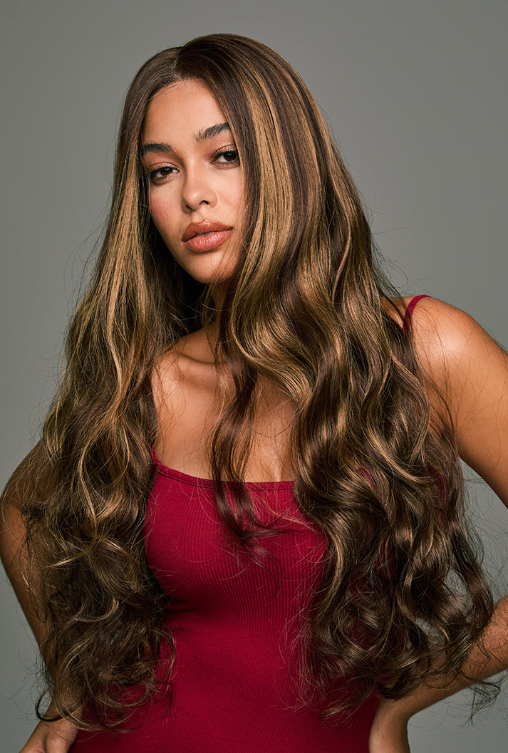 Willow | 28 Inch Long Highlighted Brown Body Wave Lace Front Synthetic Wig