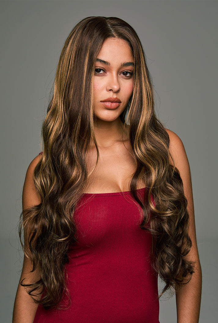 Willow | 28 Inch Long Highlighted Brown Body Wave Lace Front Synthetic Wig