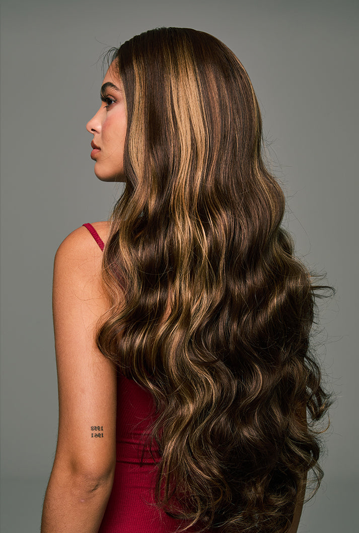 Willow | 28 Inch Long Highlighted Brown Body Wave Lace Front Synthetic Wig
