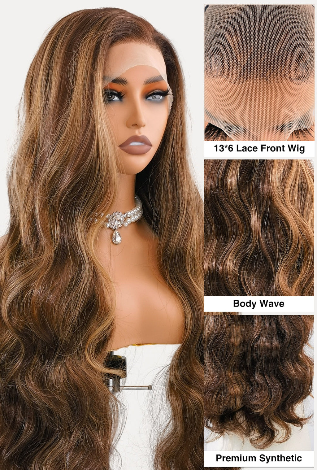 Willow | 28 Inch Long Highlighted Brown Body Wave Lace Front Synthetic Wig