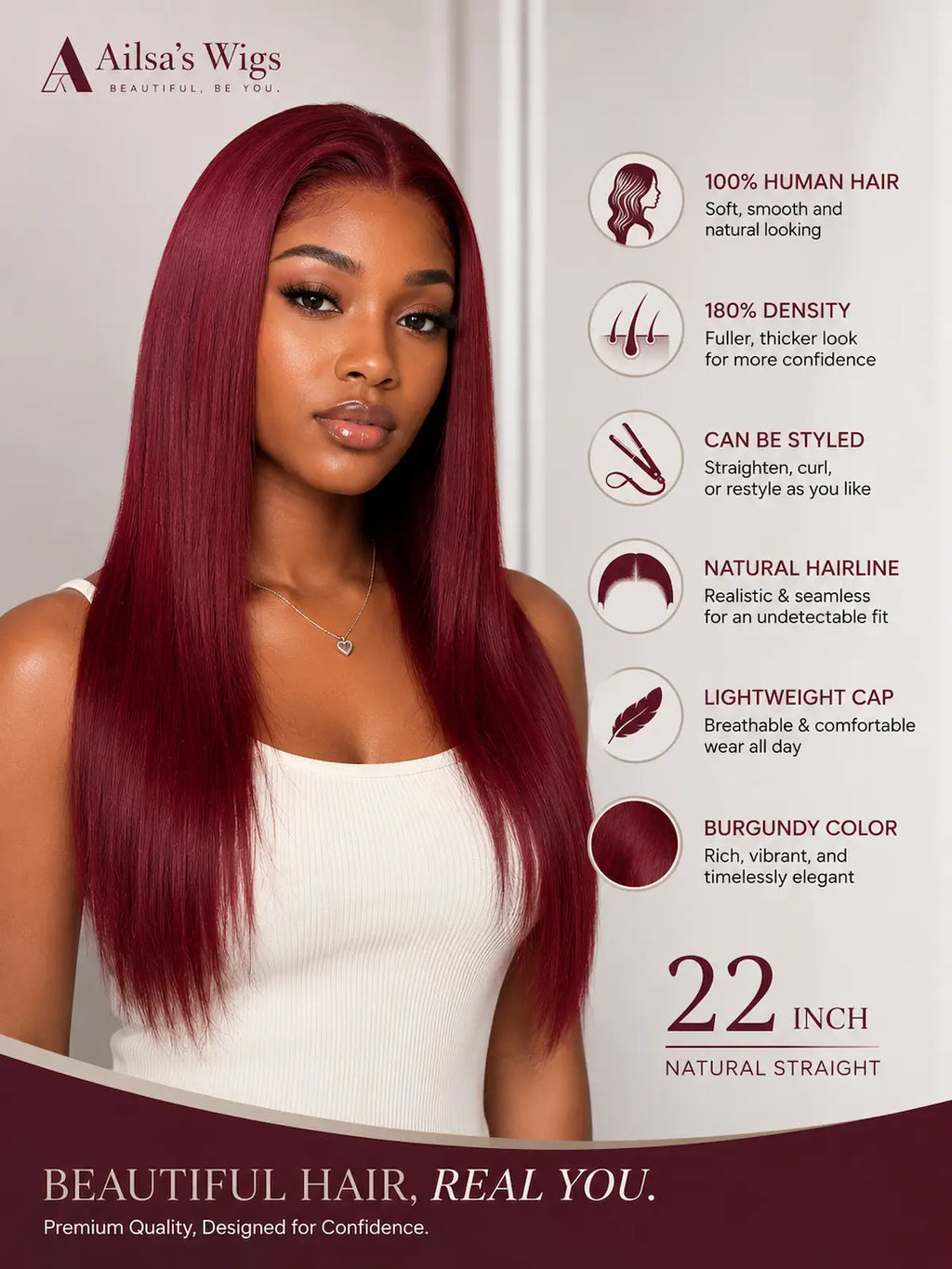 Burgundy Red Long Human Hair Wig with HD Lace