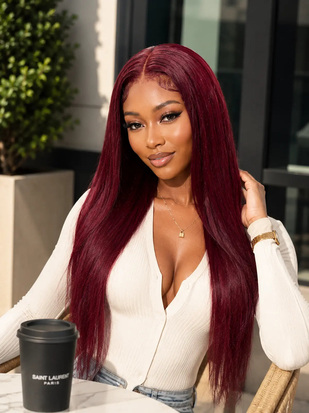 Burgundy Red Long Human Hair Wig with HD Lace