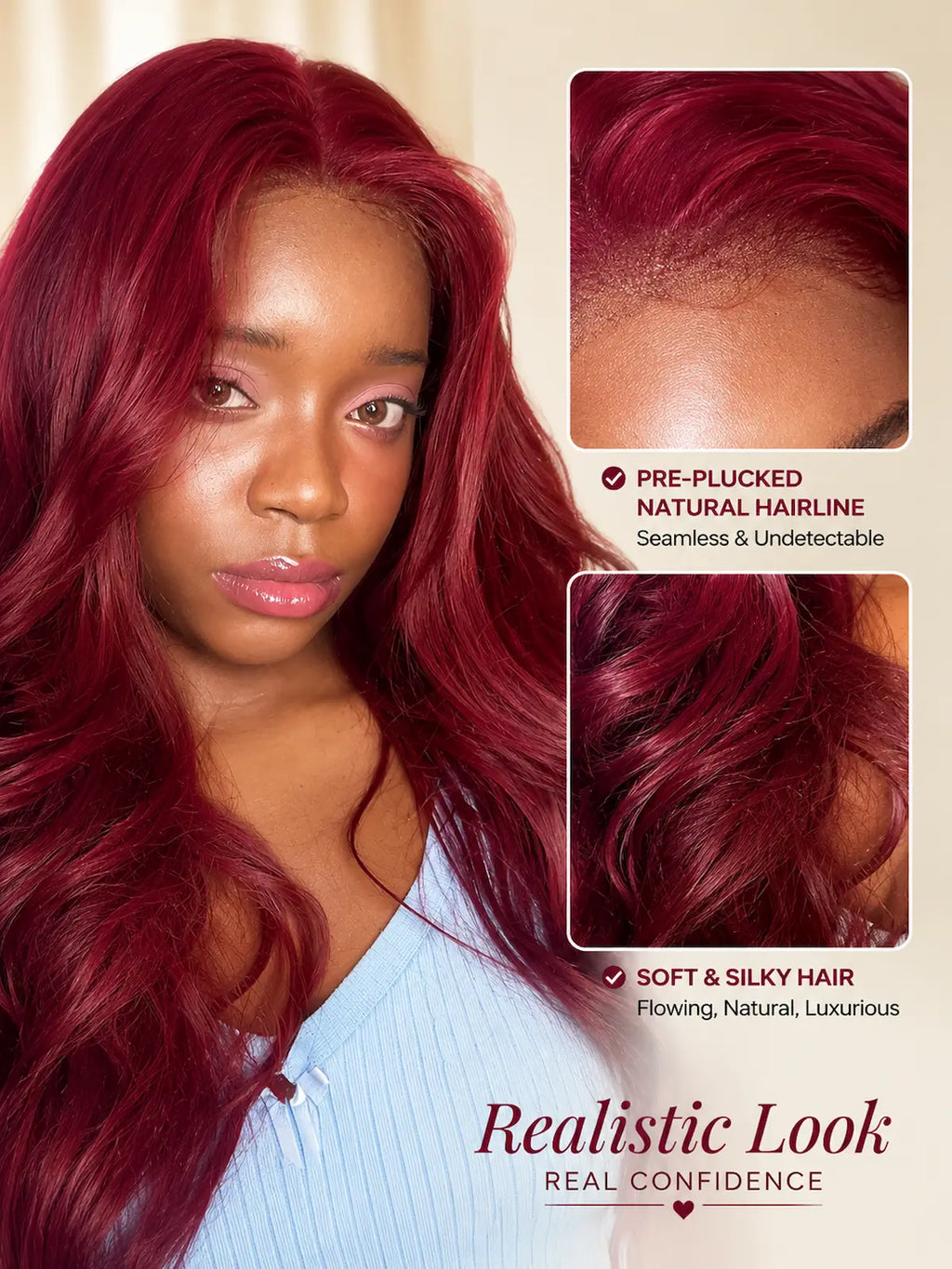 Burgundy Red Long Human Hair Wig with HD Lace