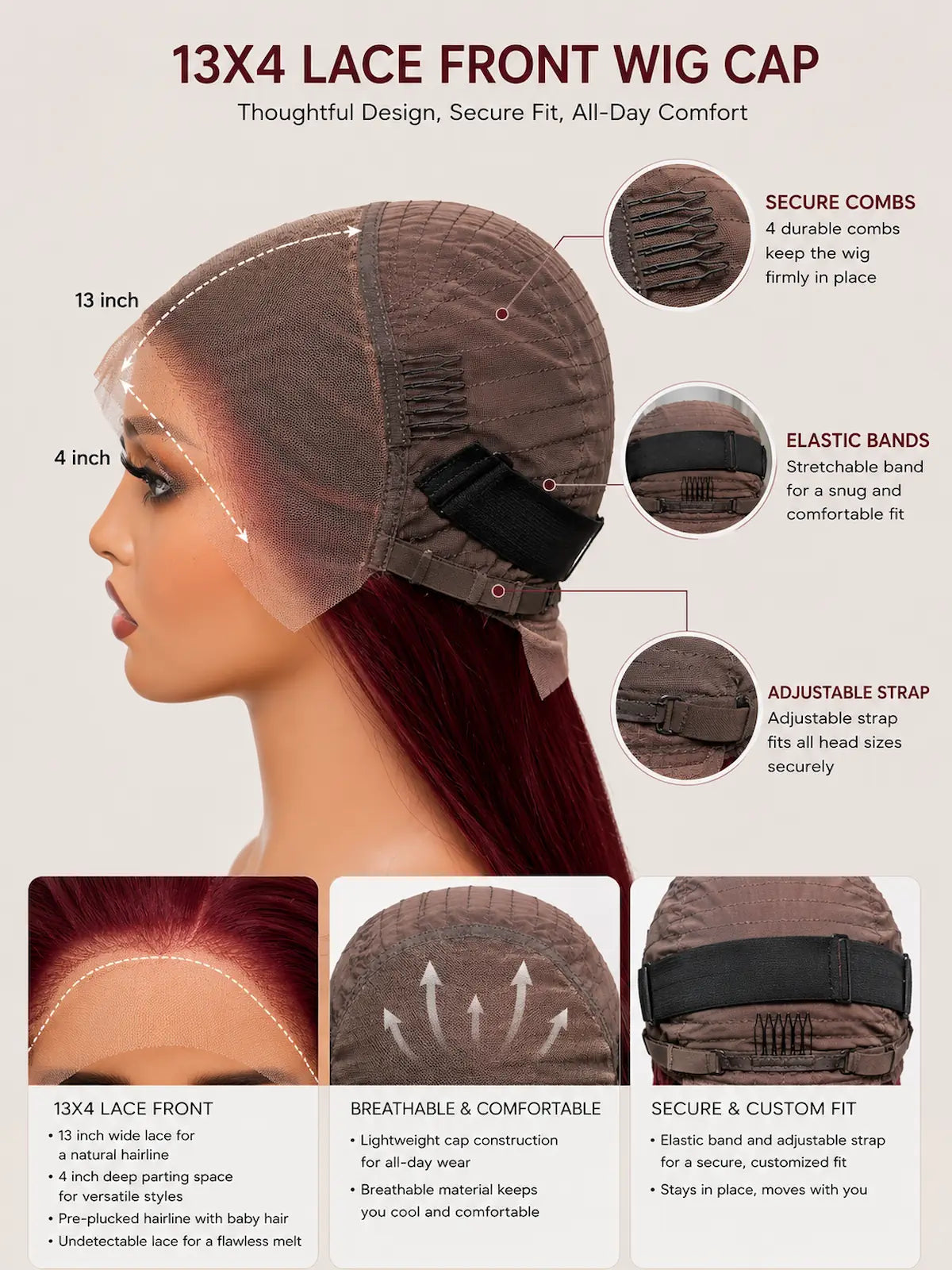 Burgundy Red Long Human Hair Wig with HD Lace