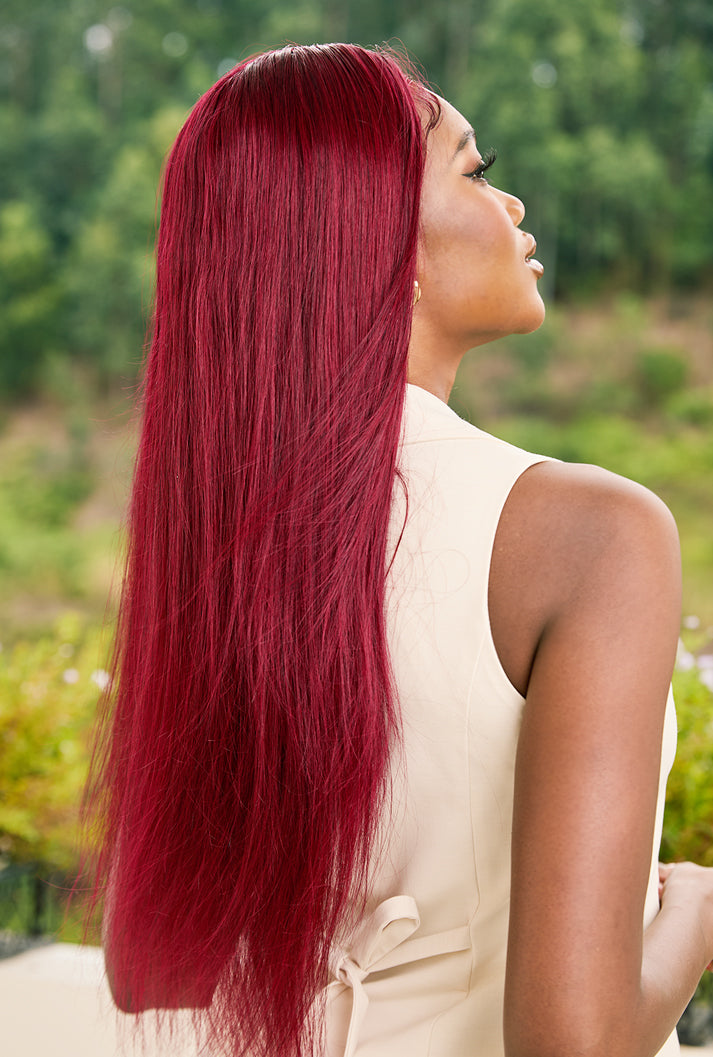 Burgundy Red Long Human Hair Wig with HD Lace