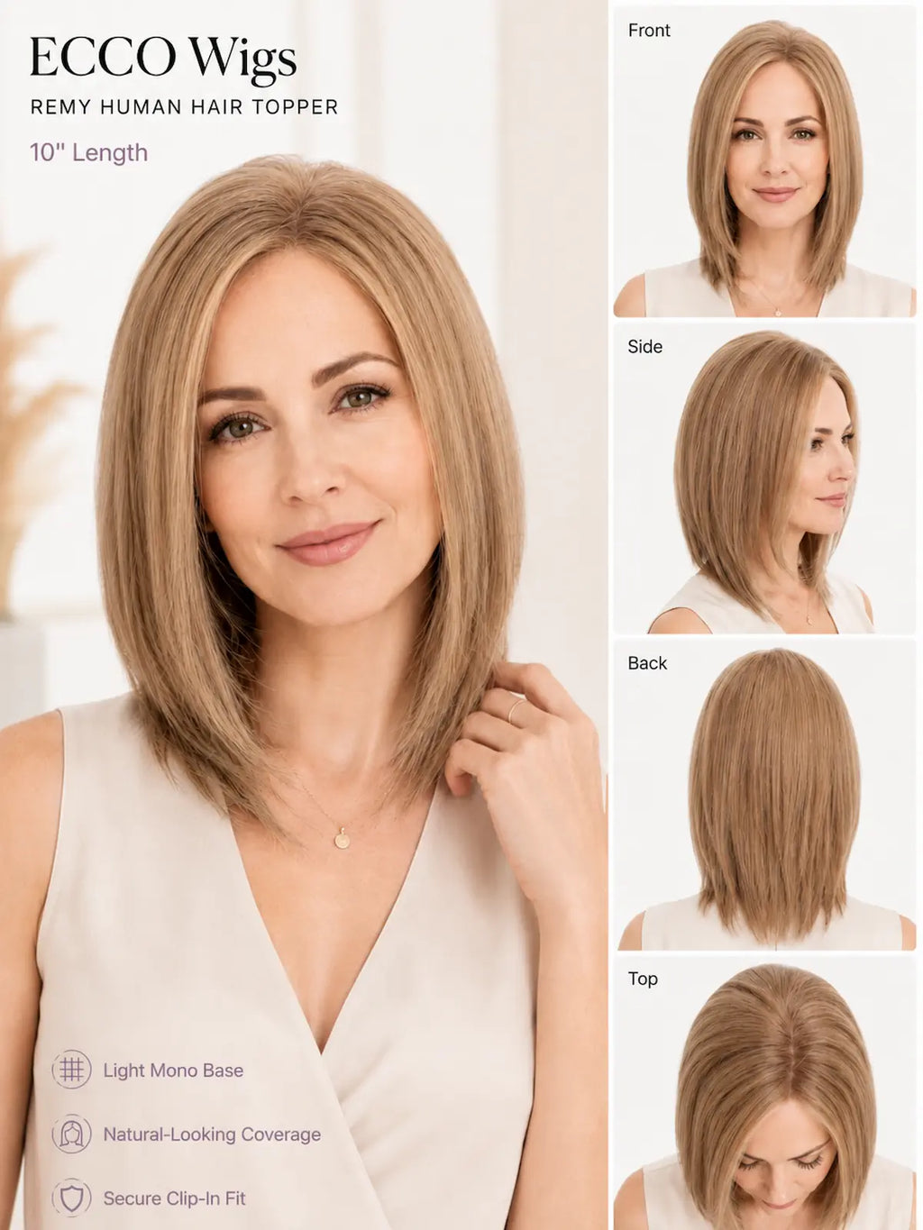 10 Inch Remy Human Hair Topper | Ash Violet Blonde | Mono Base Cool Blonde Top Piece