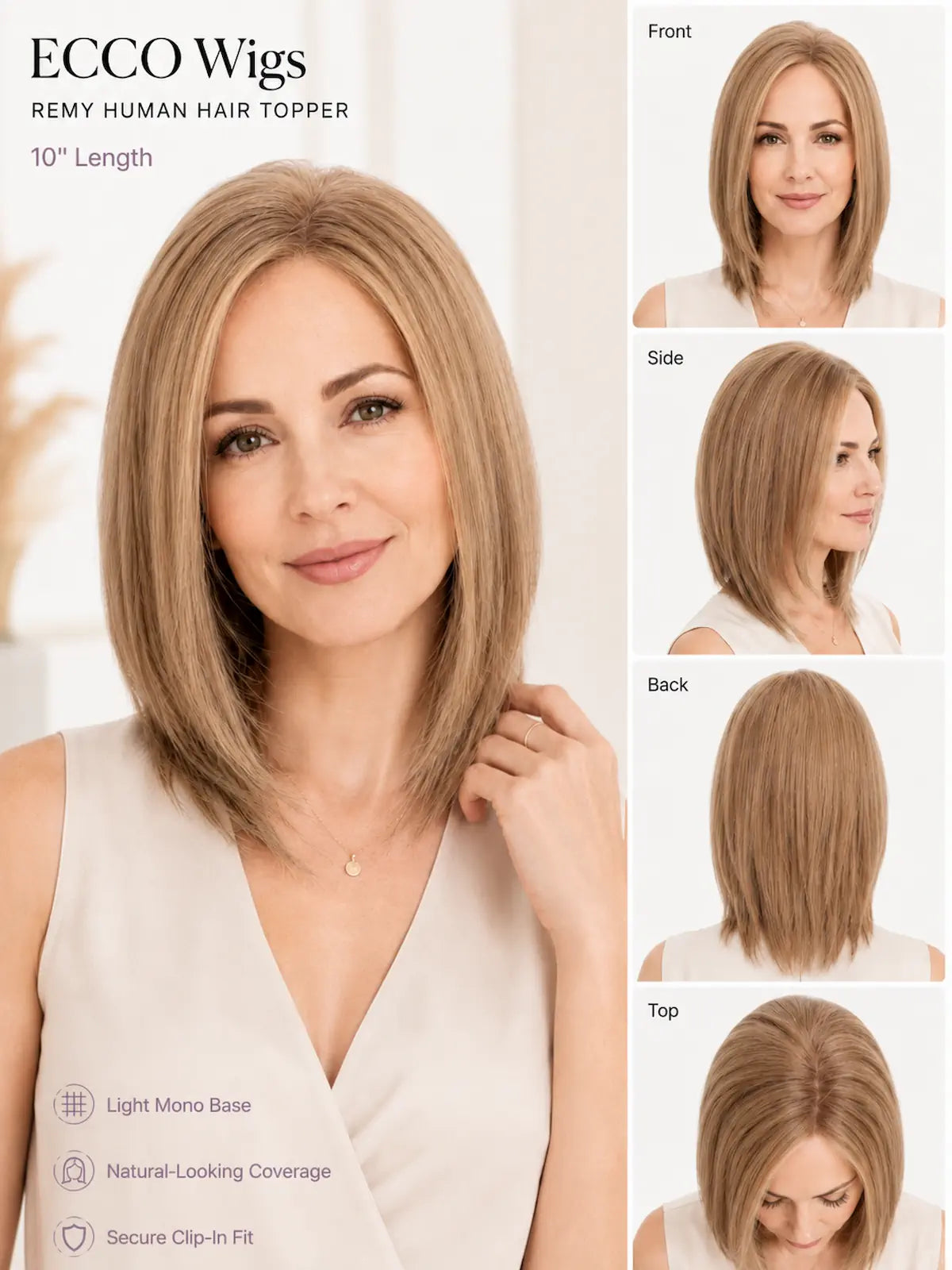 10 Inch Remy Human Hair Topper | Ash Violet Blonde | Mono Base Cool Blonde Top Piece