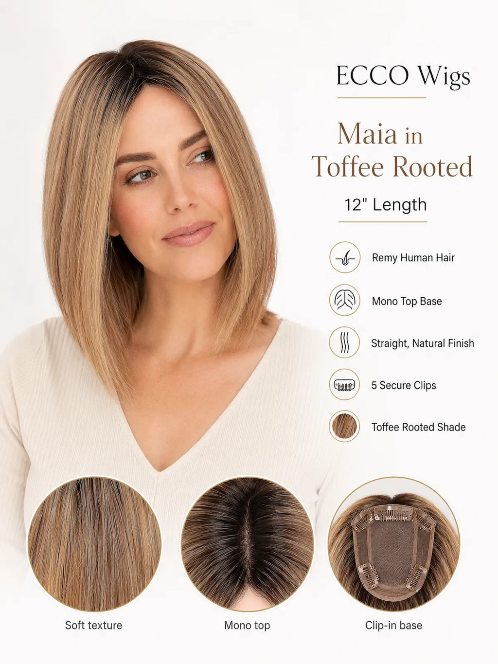 12 Inch Remy Human Hair Topper | Toffee Rooted | Mono Straight Hairpiece