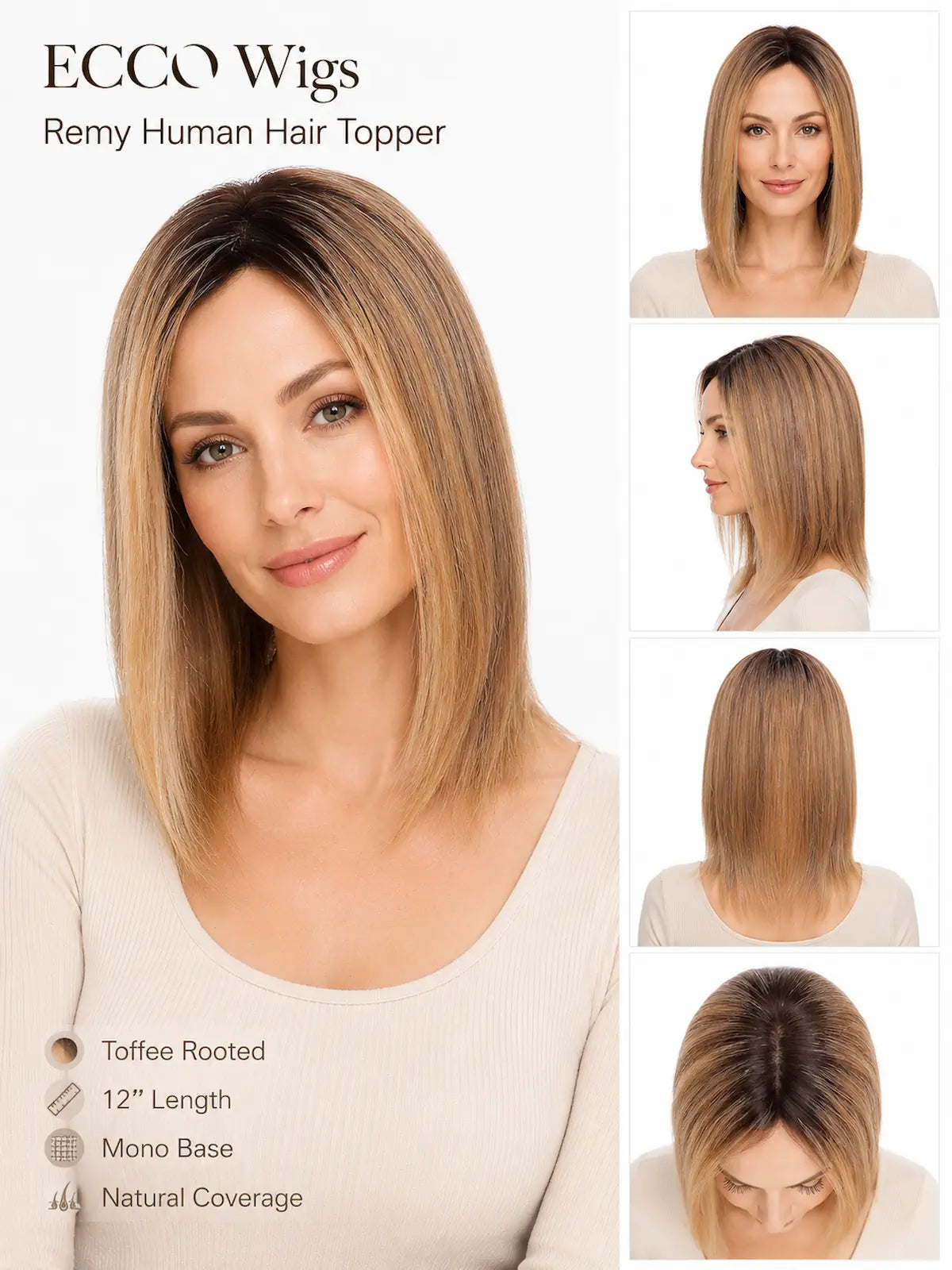 12 Inch Remy Human Hair Topper | Toffee Rooted | Mono Straight Hairpiece