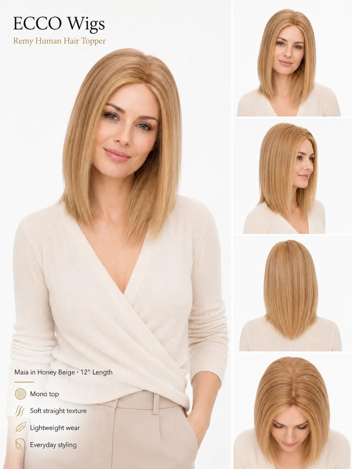 12 Inch Remy Human Hair Topper | Honey Beige | Mono Blonde Hairpiece
