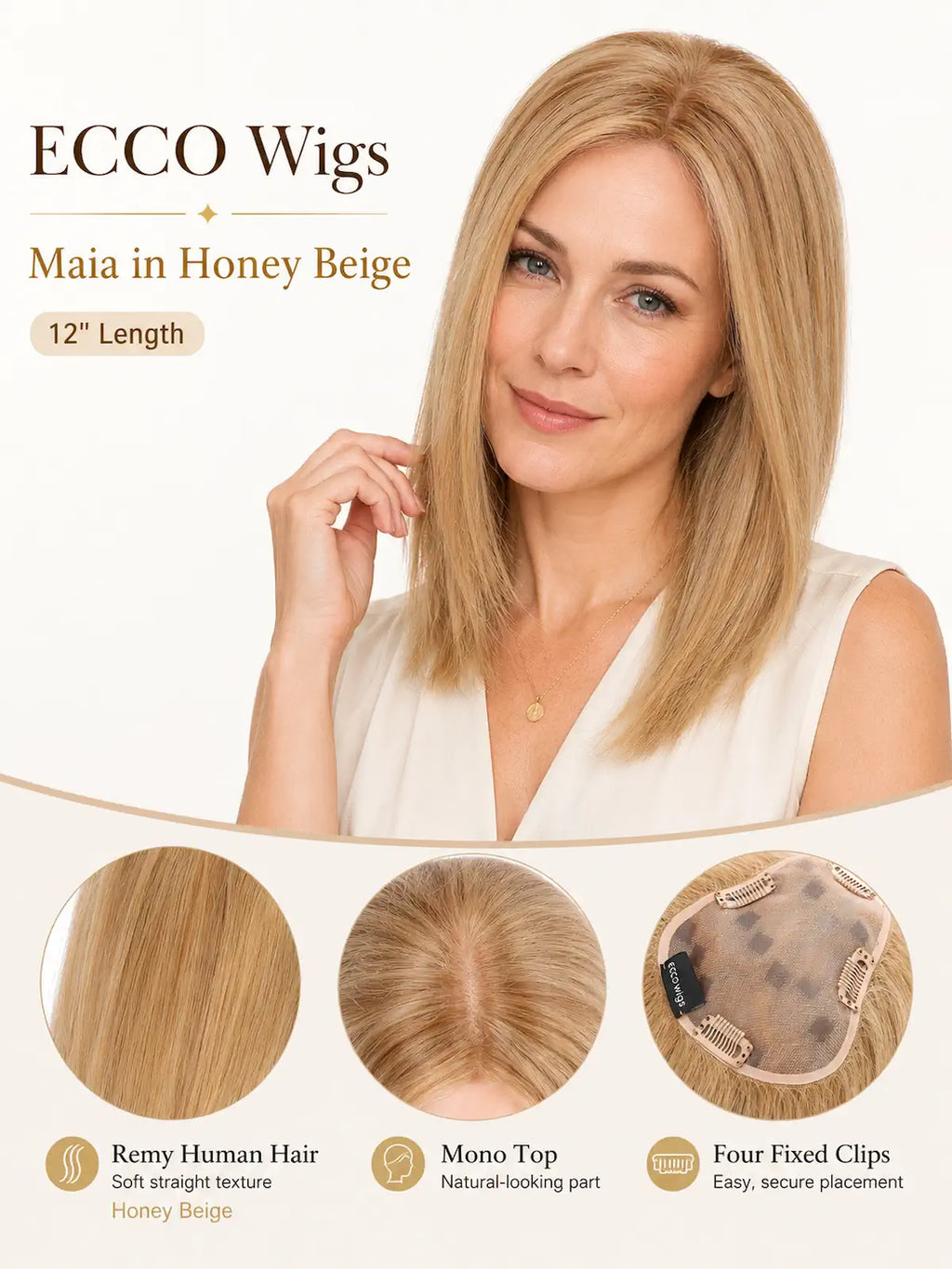 12 Inch Remy Human Hair Topper | Honey Beige | Mono Blonde Hairpiece