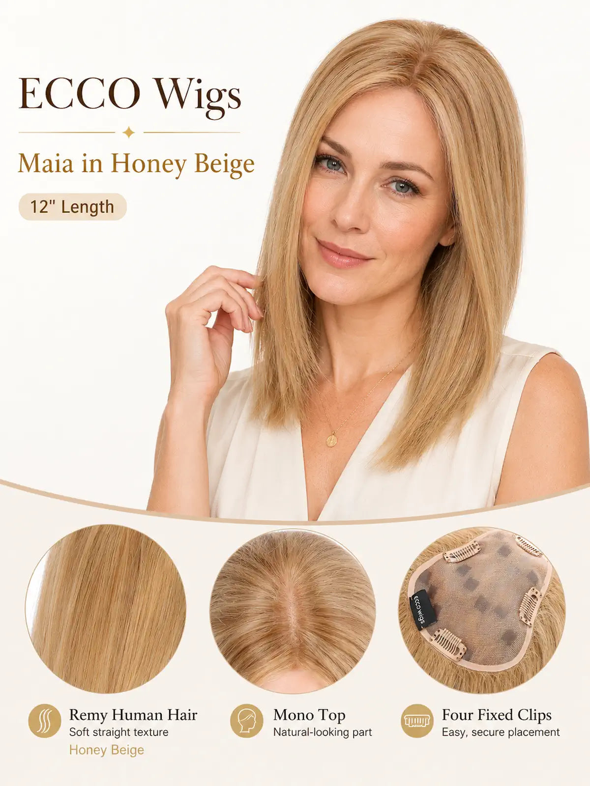 12 Inch Remy Human Hair Topper | Honey Beige | Mono Blonde Hairpiece