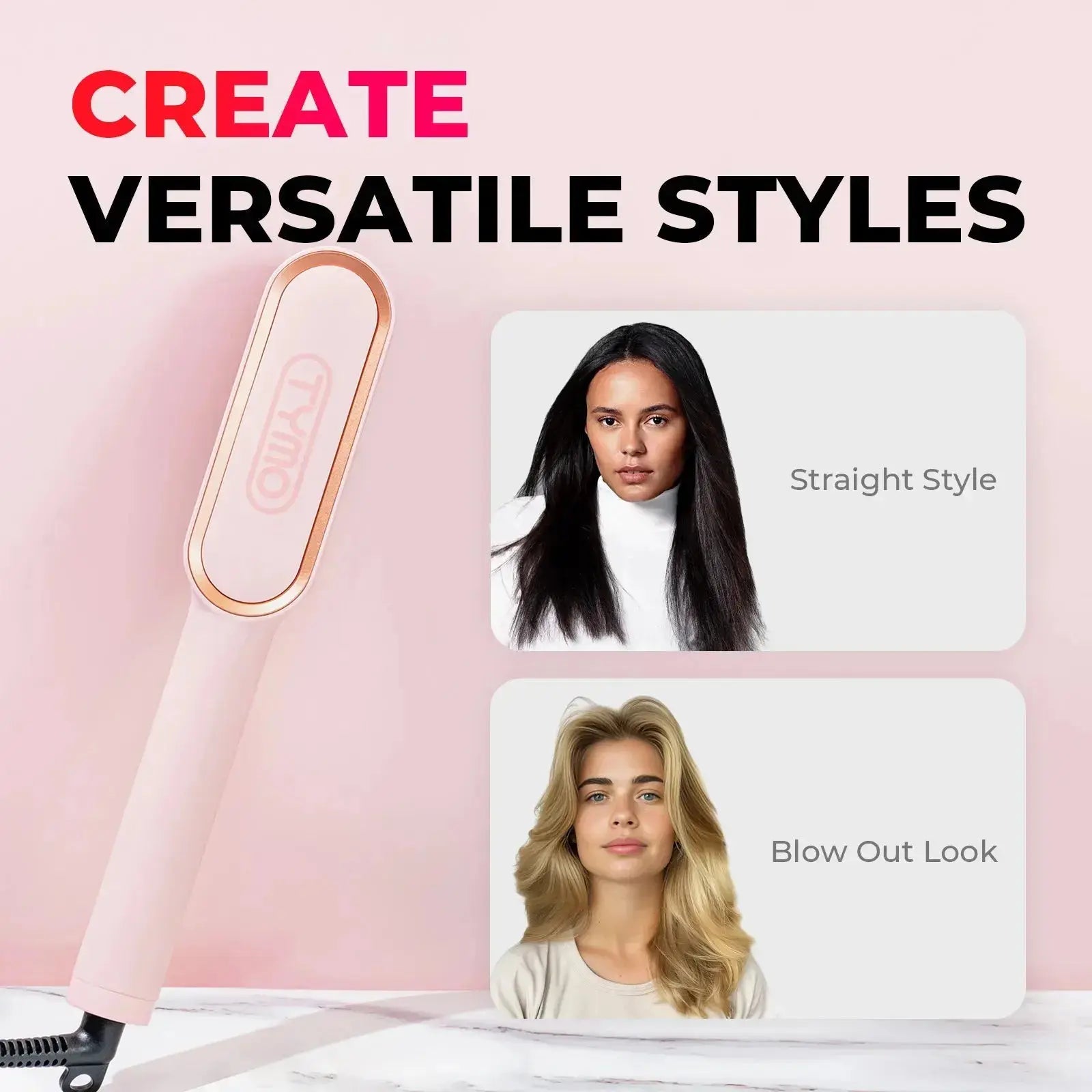 TYMO RING PINK straightening brush – side angle view