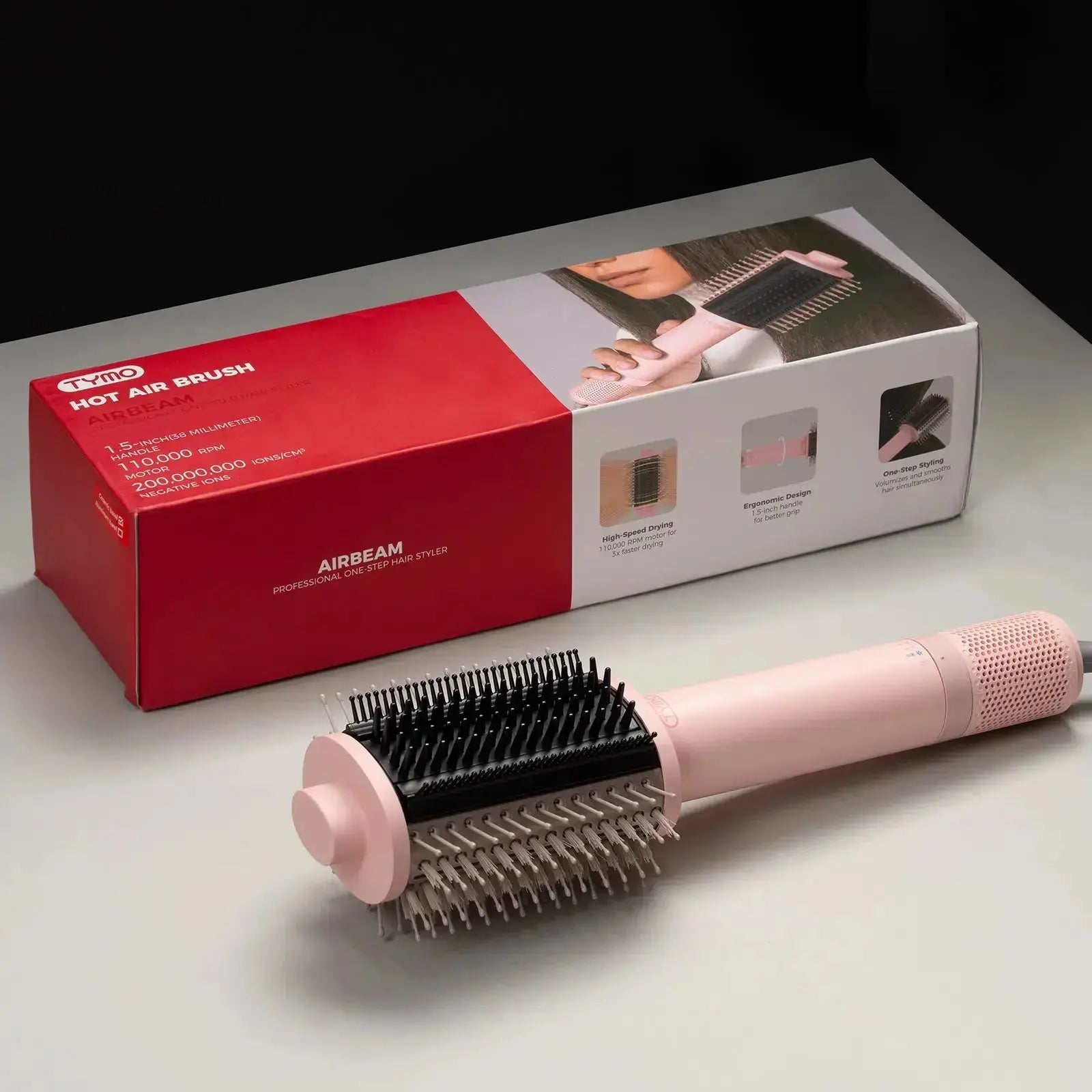 TYMO AIRBEAM 3.0 pink hot air styling brush – side angle view