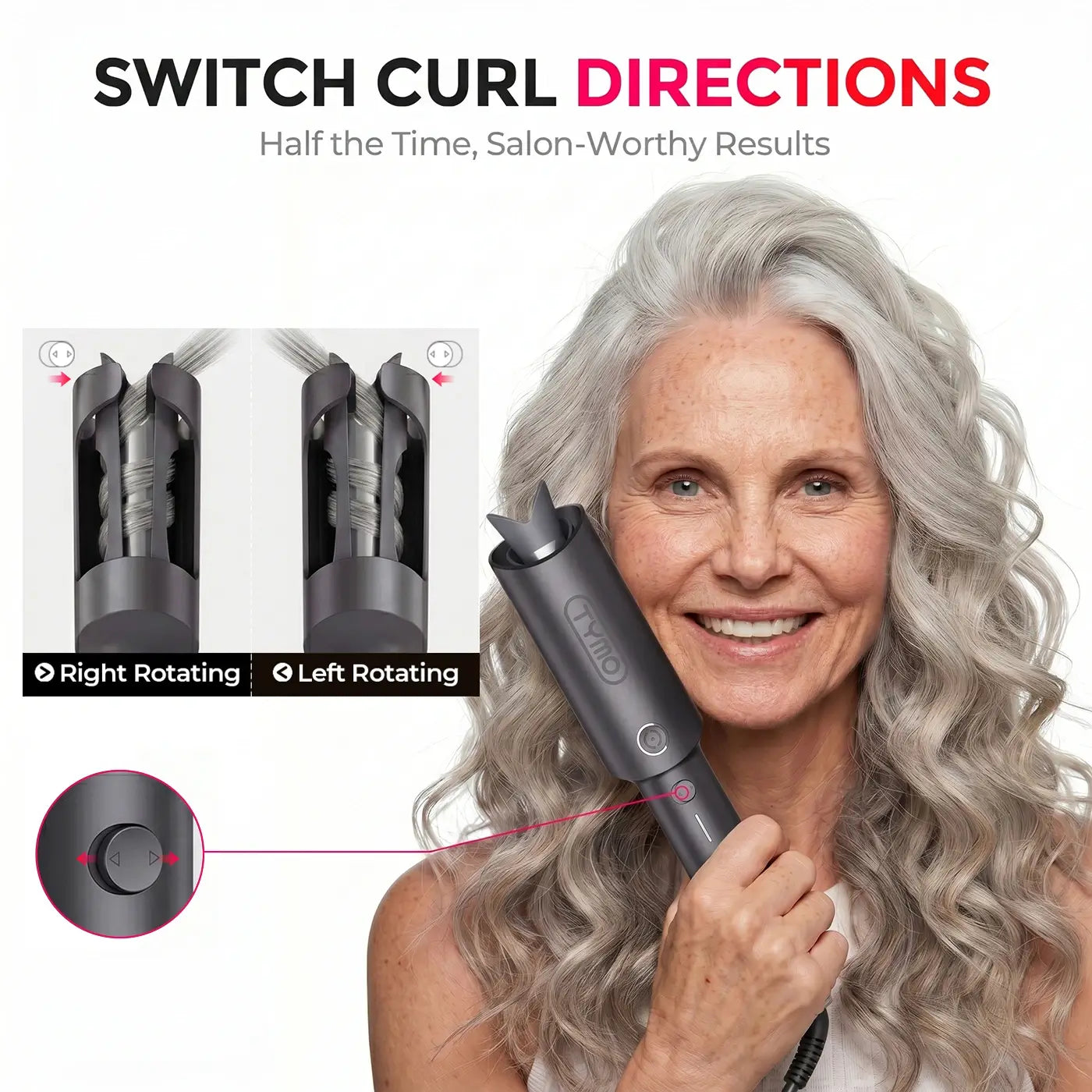 TYMO CURLPRO GREY auto-rotating curling iron – control panel and heat settings