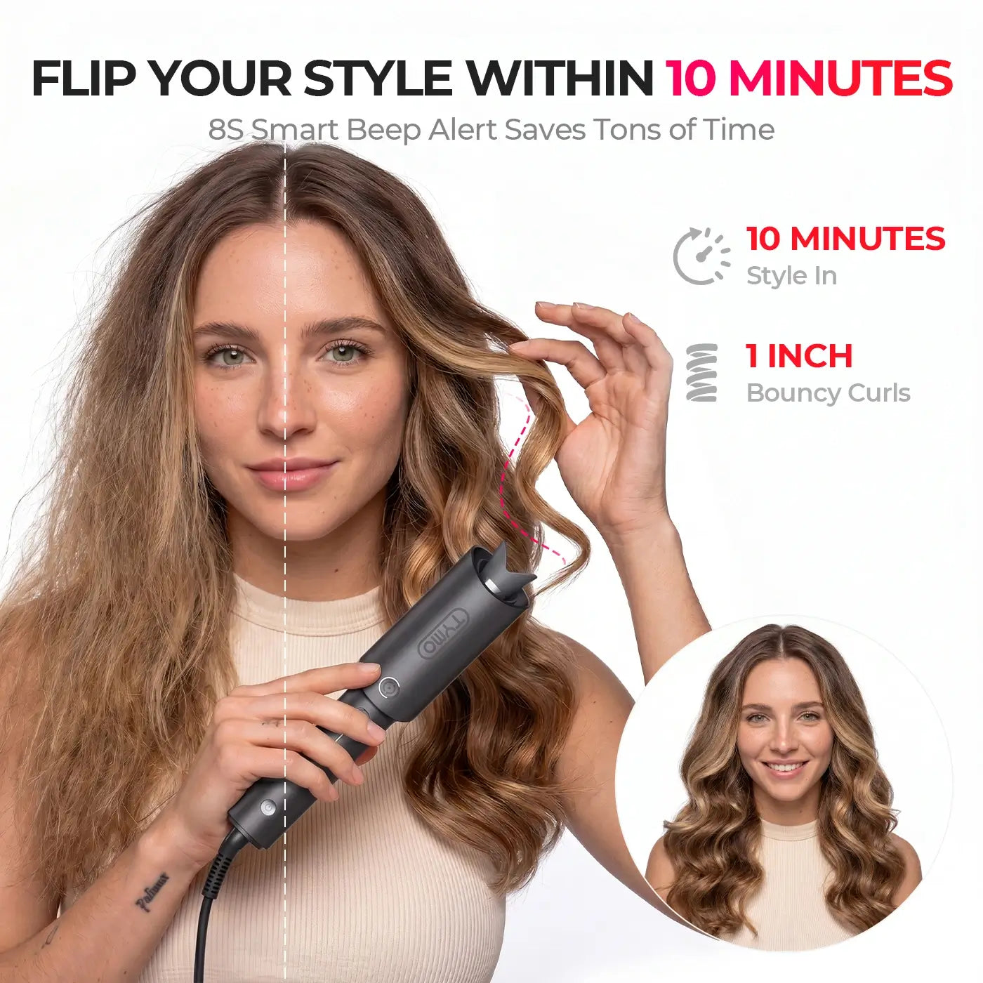 TYMO CURLPRO GREY auto-rotating curling iron – side angle view