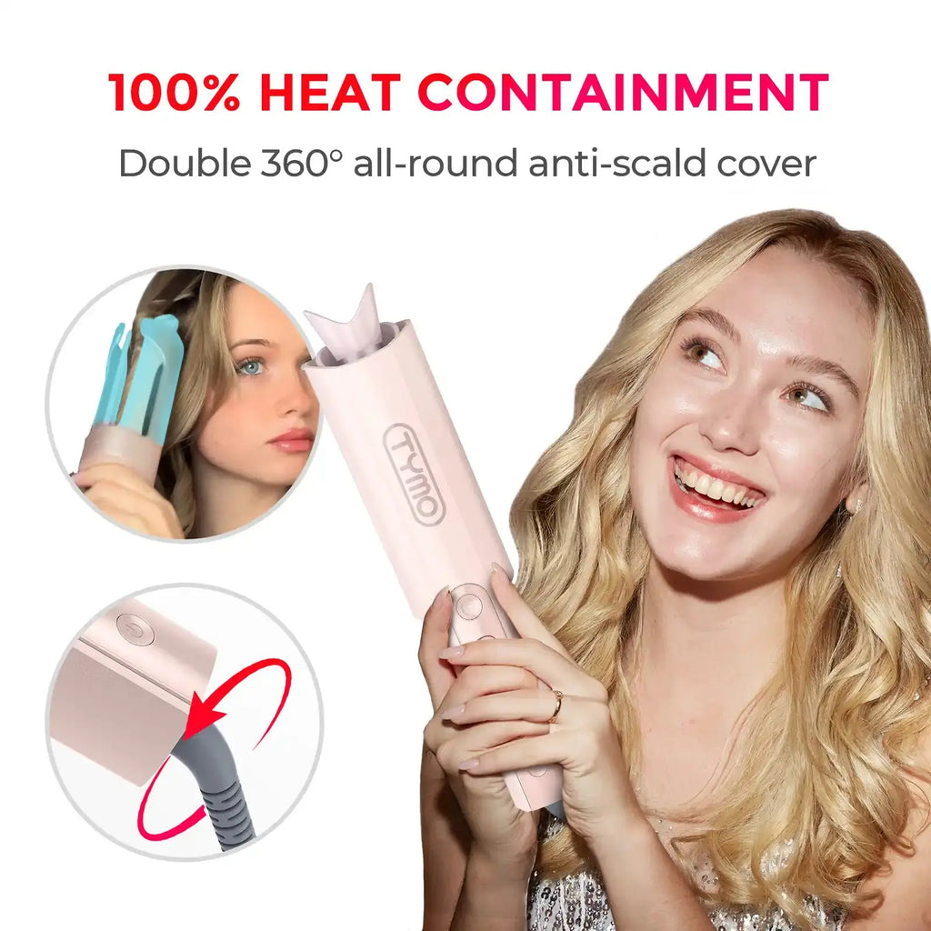 TYMO CURLPRO PLUS pink auto-rotating curling iron – in-use styling result