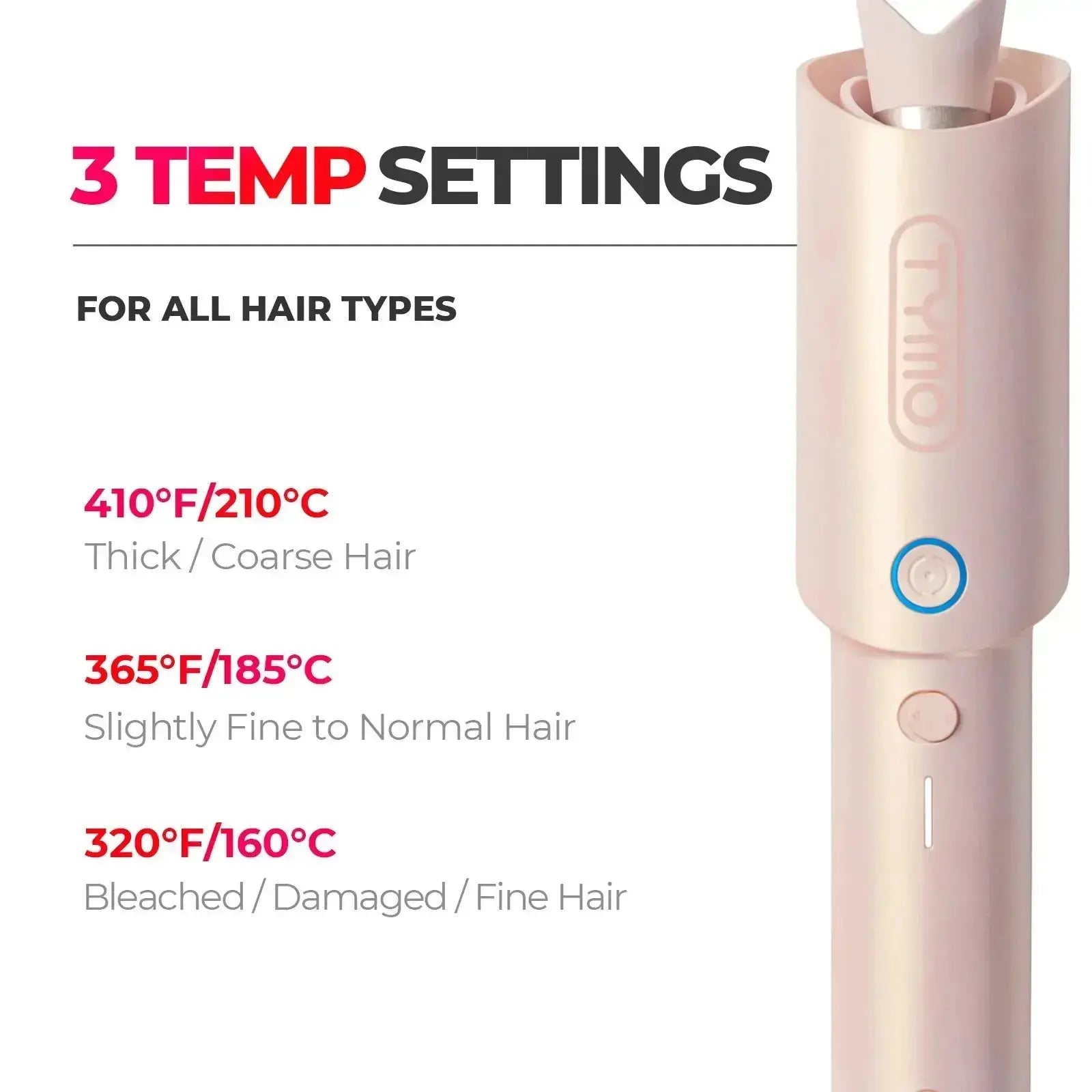 TYMO CURLGO ECO cordless curling iron – control panel and heat settings