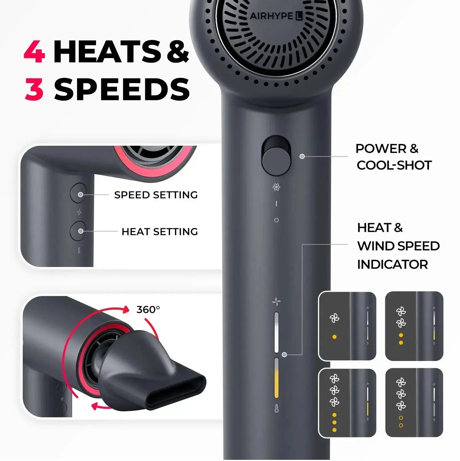 TYMO AIRHYPE LITE hair dryer – control panel and heat settings
