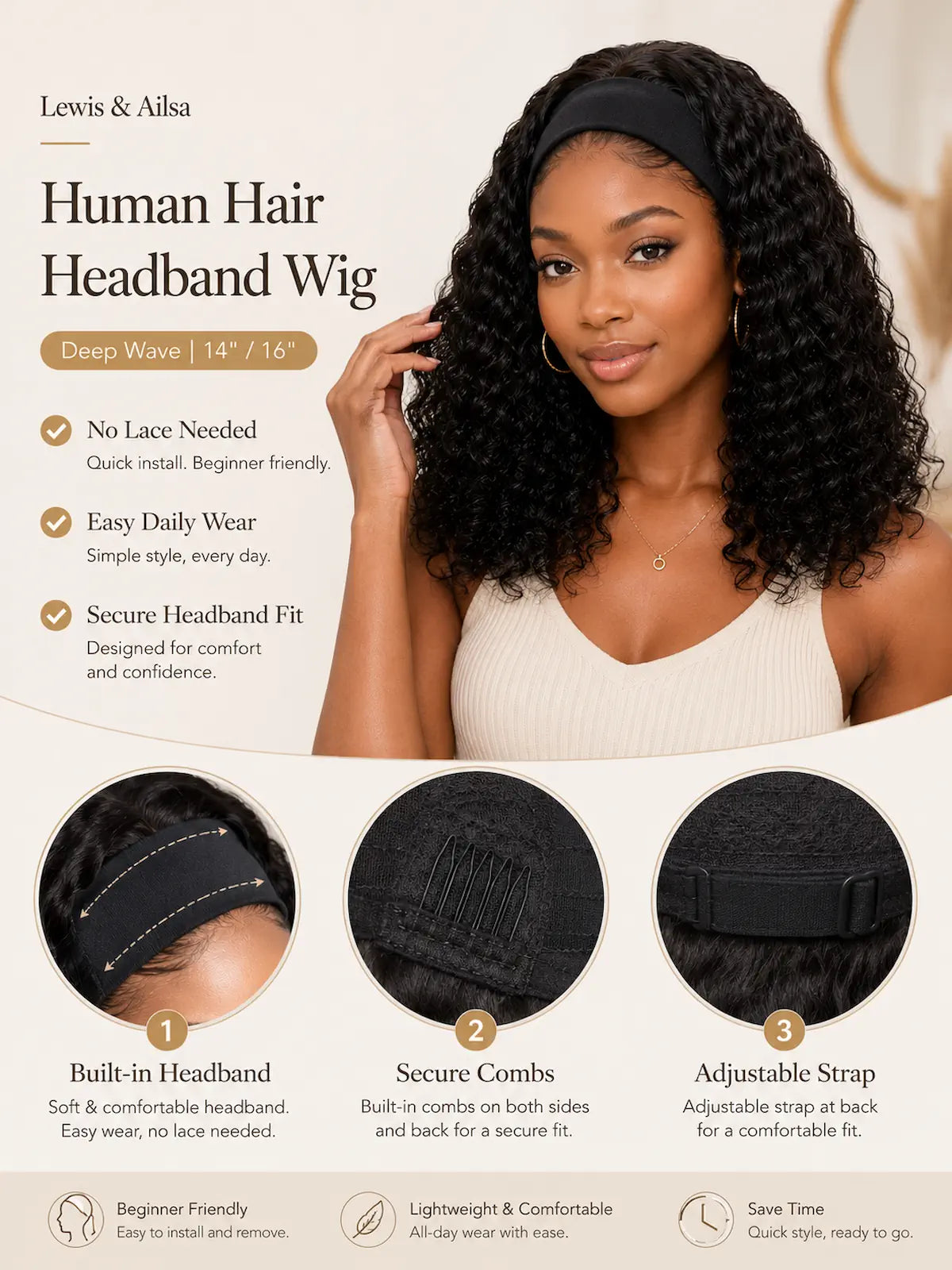 Human Hair Headband Wig | Deep Wave | 14 Inch/16 Inch No Glue