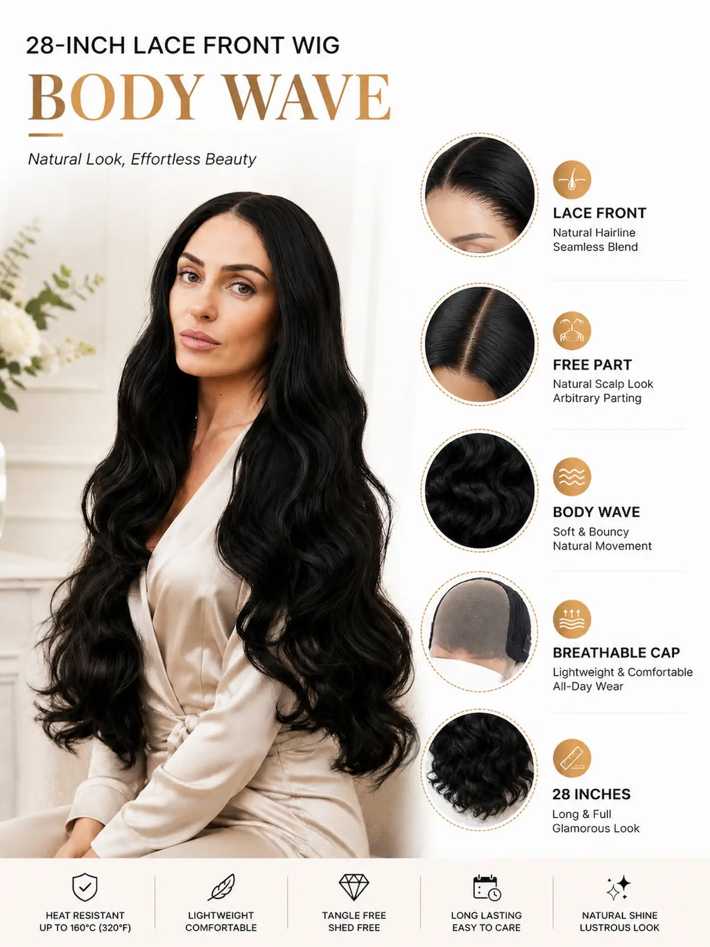 Long Natural Black Body Wave Lace Front Wig - 28 Inch