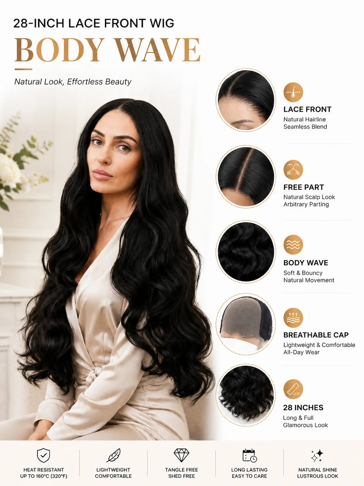 Long Natural Black Body Wave Lace Front Wig - 28 Inch