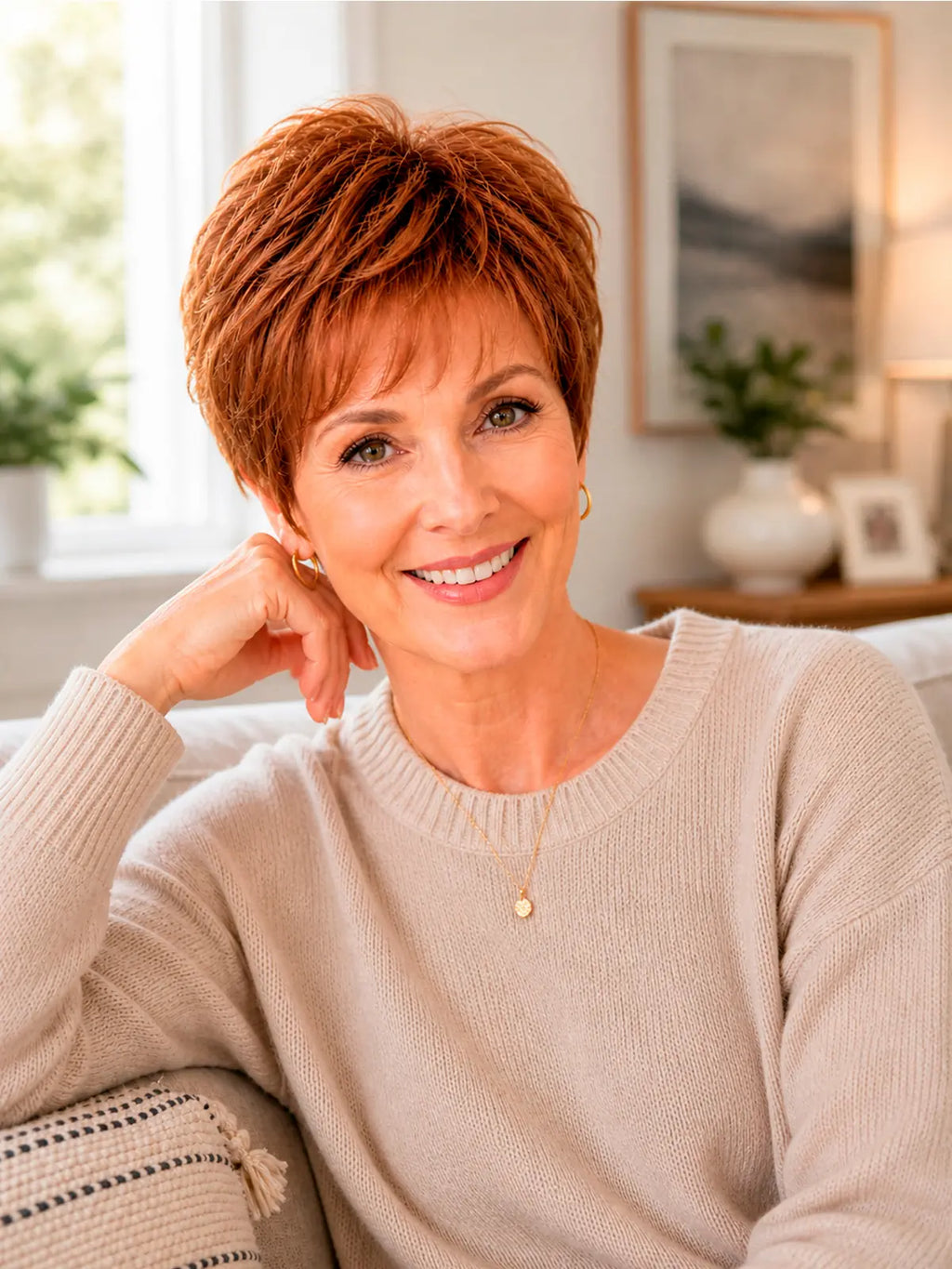 Marion in Amber Maple | Short Straight Synthetic Wig | Auburn Pixie