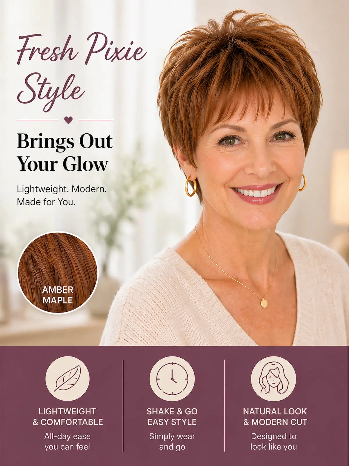 Marion in Amber Maple | Short Straight Synthetic Wig | Auburn Pixie