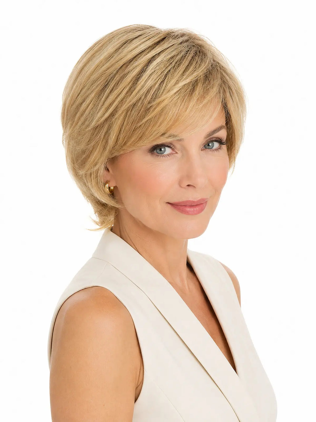 Isabelle in Honey Creme Rooted | Short Straight Synthetic Wig | Golden Blonde Wefted Wig