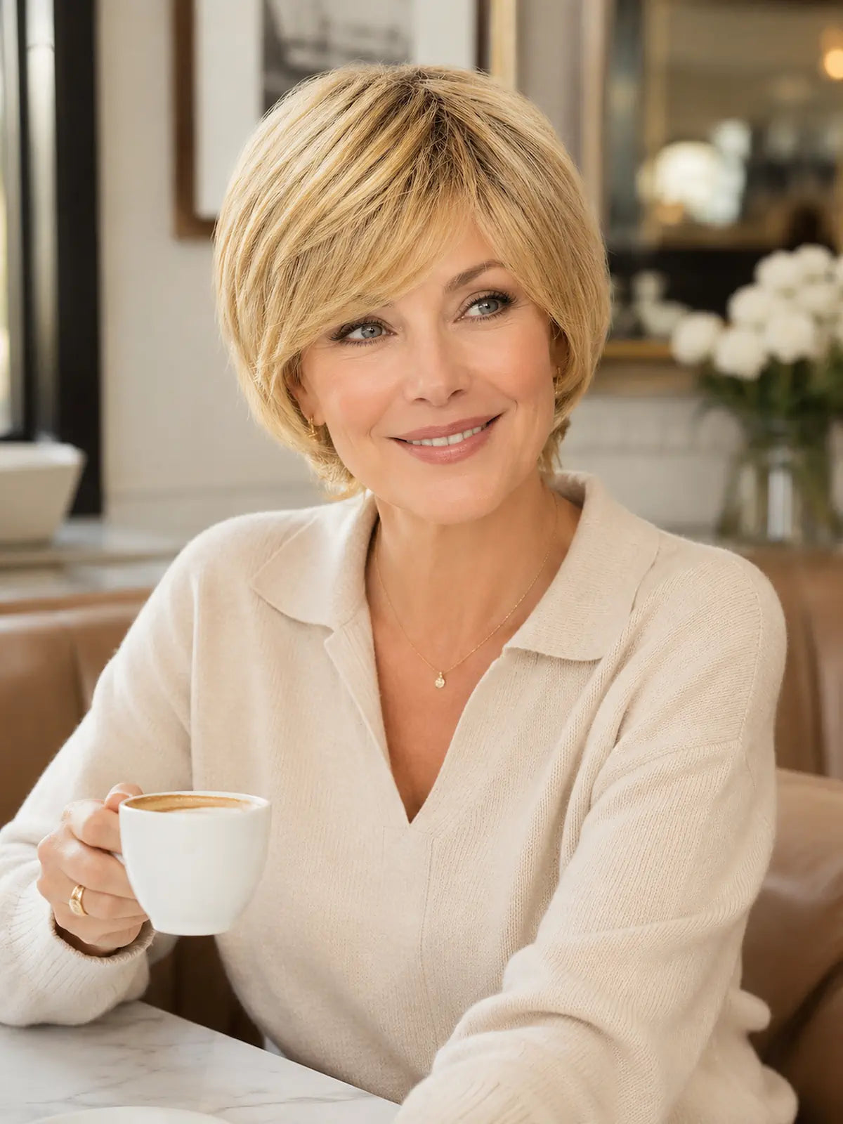 Isabelle in Honey Creme Rooted | Short Straight Synthetic Wig | Golden Blonde Wefted Wig