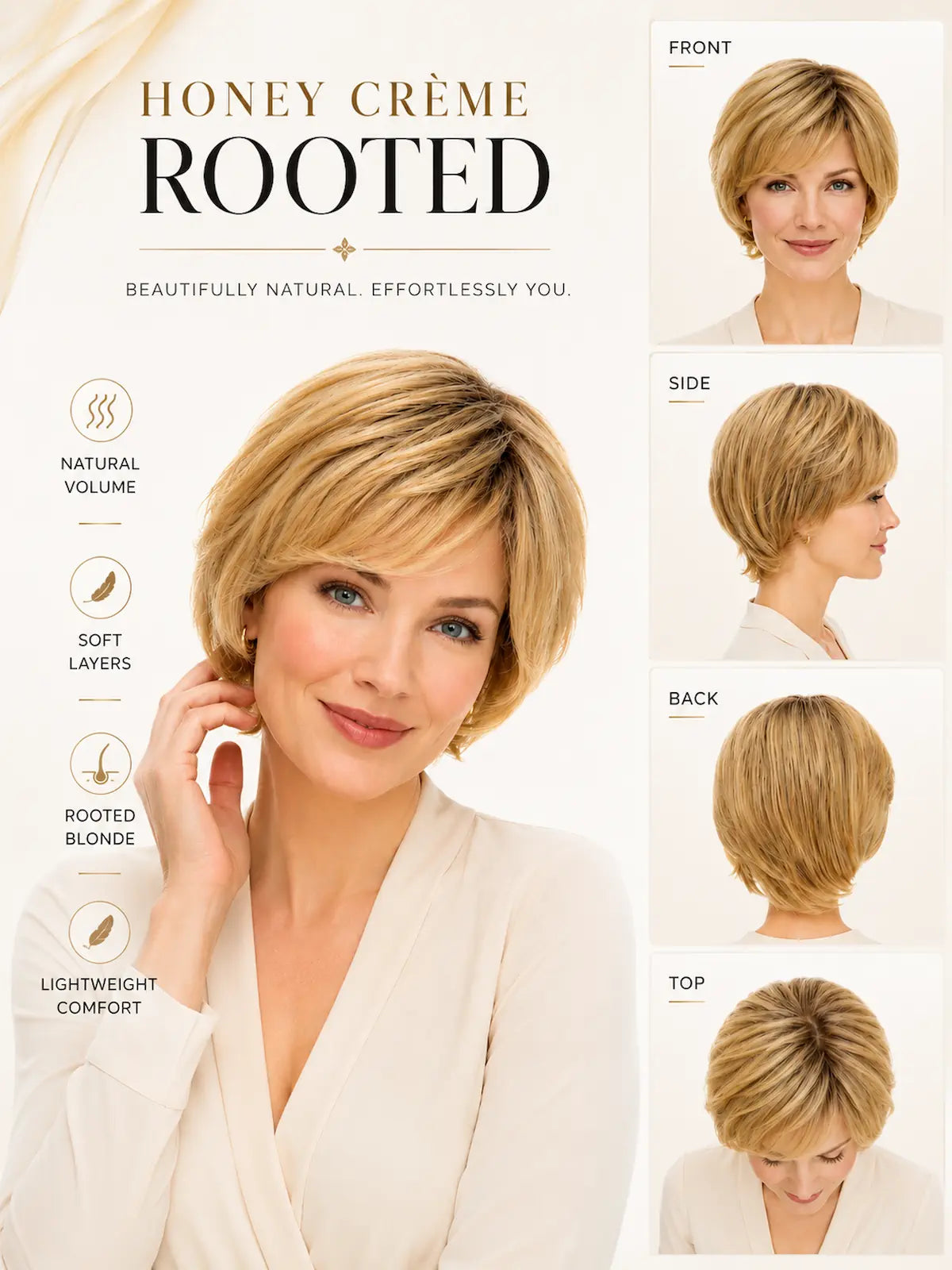 Isabelle in Honey Creme Rooted | Short Straight Synthetic Wig | Golden Blonde Wefted Wig