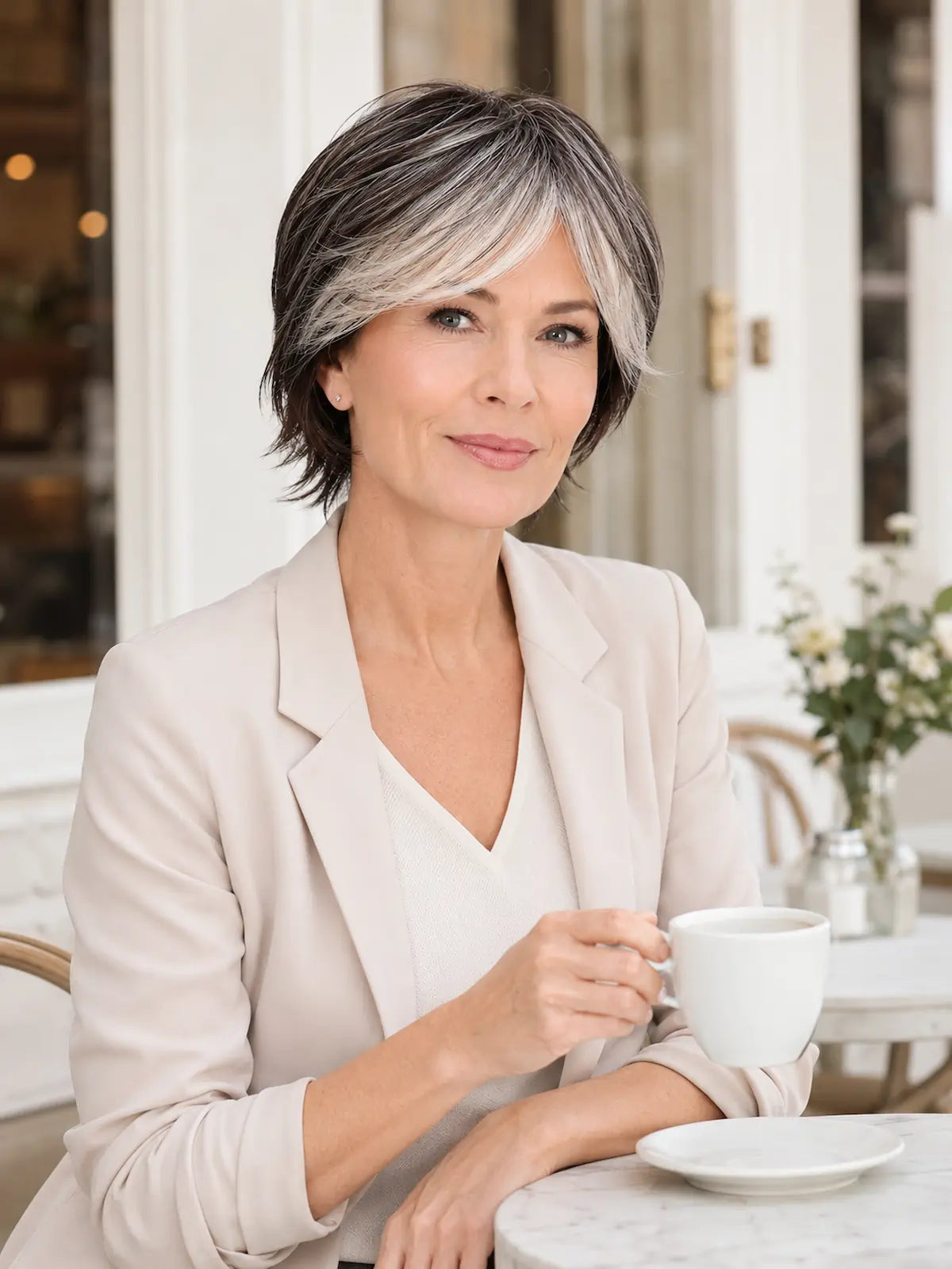 Isabelle in Soft Silver | Short Straight Synthetic Wig | Silver Wefted Wig