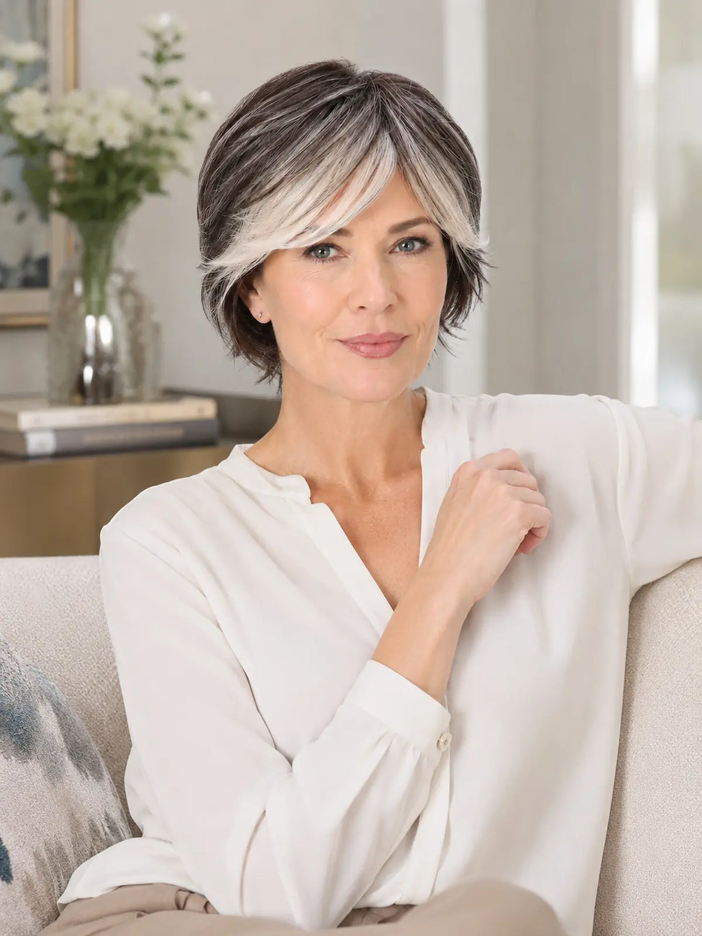 Isabelle in Soft Silver | Short Straight Synthetic Wig | Silver Wefted Wig