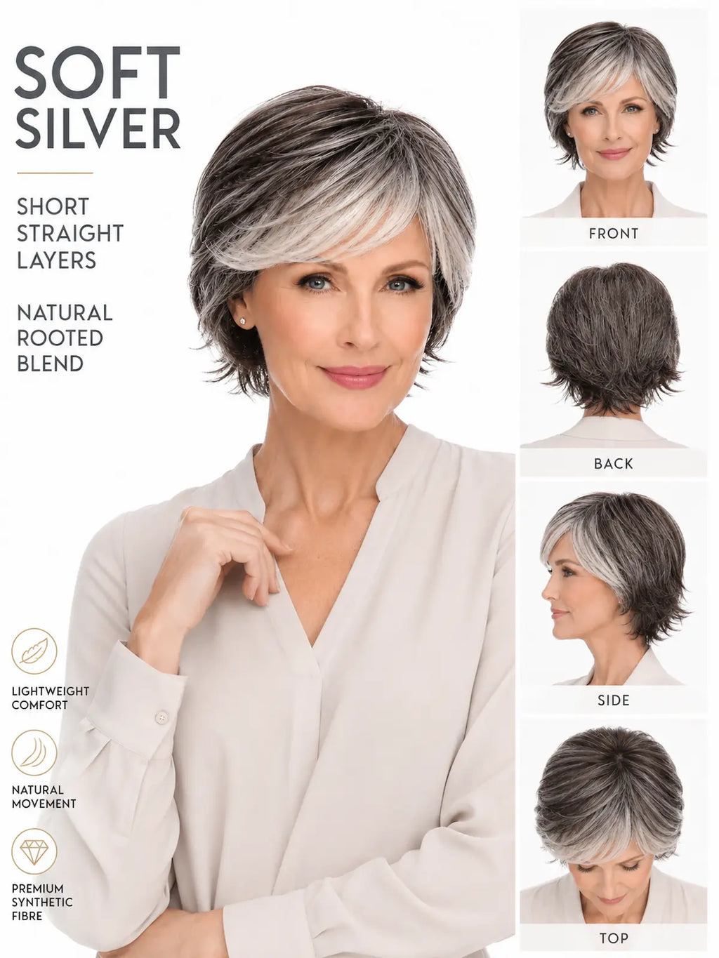 Isabelle in Soft Silver | Short Straight Synthetic Wig | Silver Wefted Wig