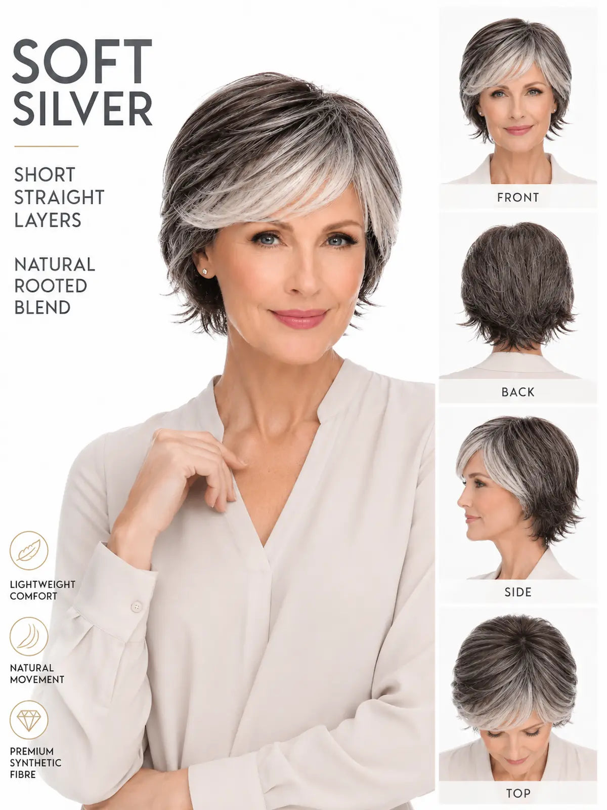 Isabelle in Soft Silver | Short Straight Synthetic Wig | Silver Wefted Wig