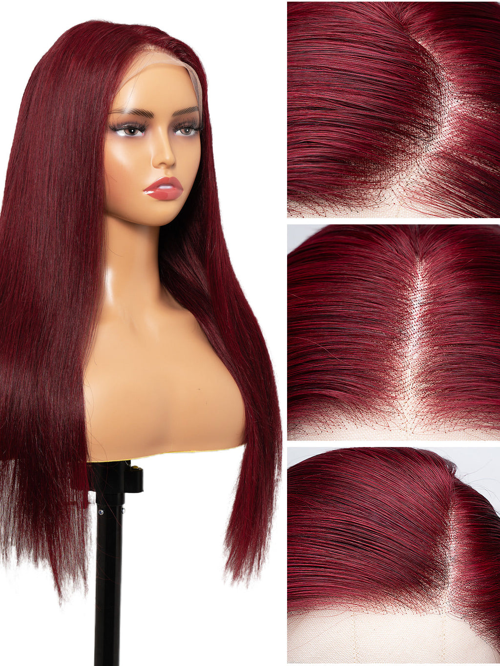 Burgundy Red Long Human Hair Wig with HD Lace