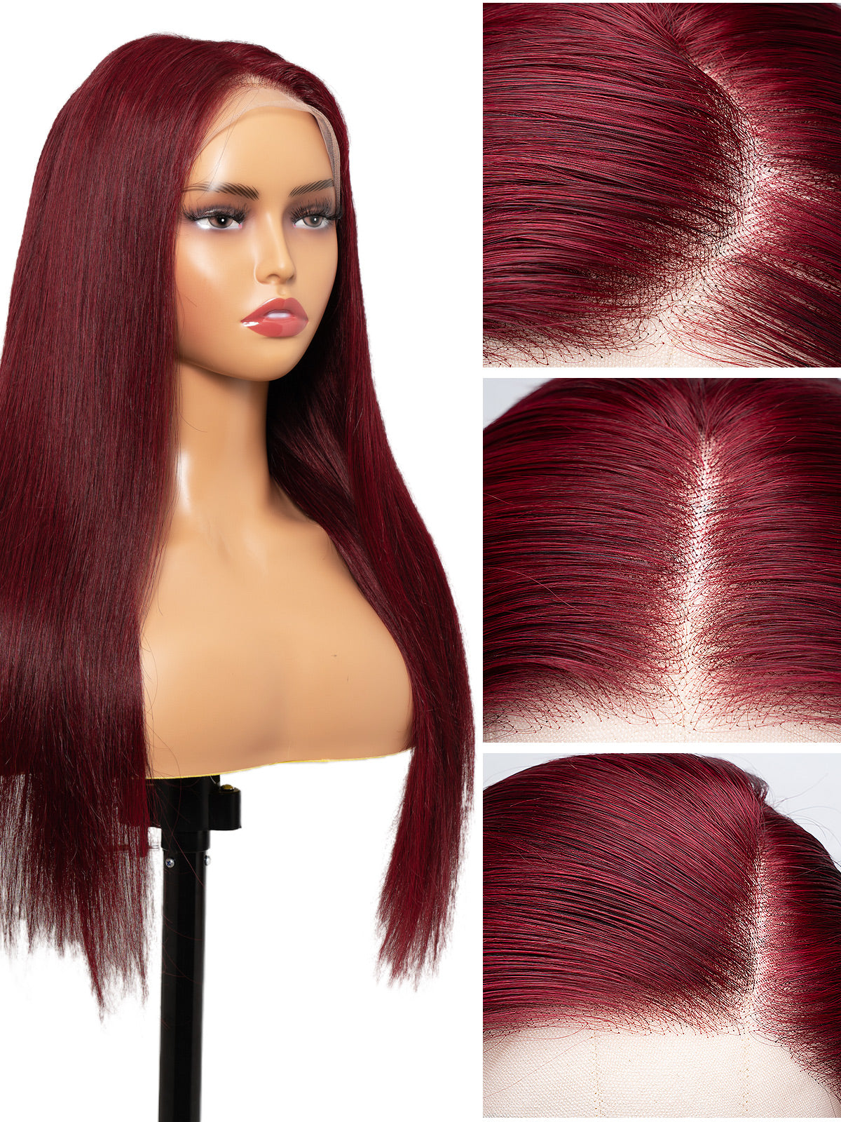 Burgundy Red Long Human Hair Wig with HD Lace